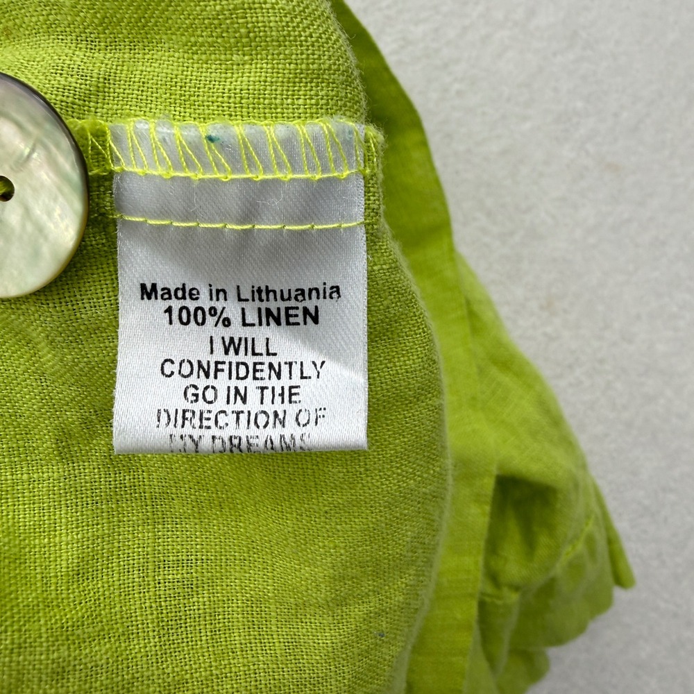 FLAX Womens Size L Large 100% Linen V-Neck Button Front Blouse Lime Green - Picture 4 of 7